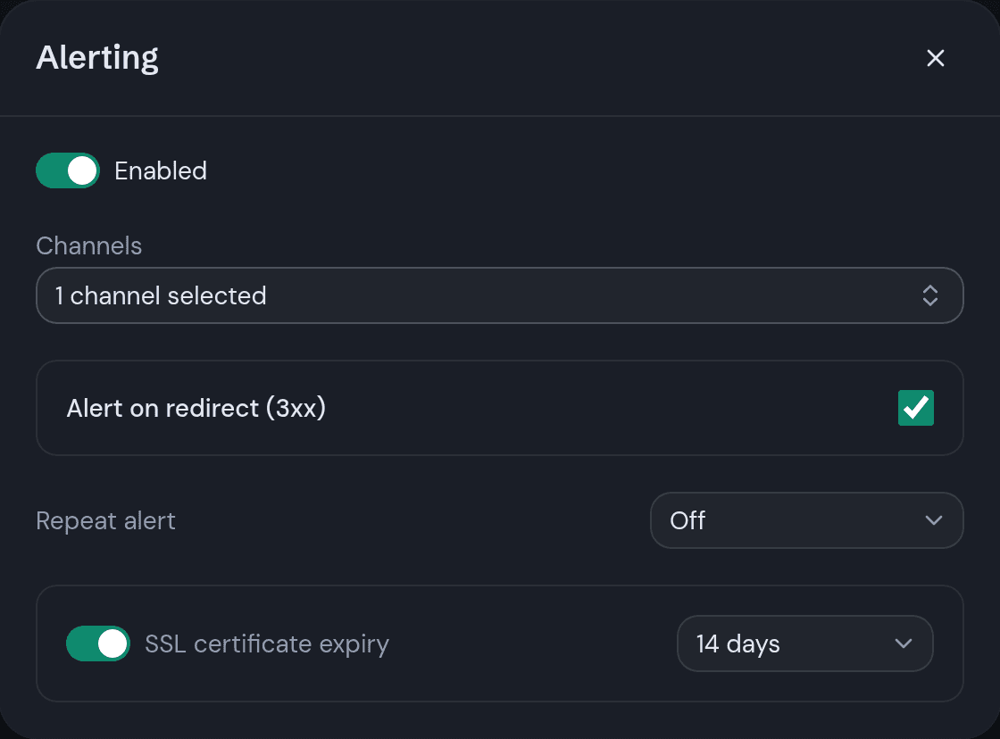 Alerting configuration dialog with notification channels, alert-on-redirect, SSL-expiry, and assertion options.