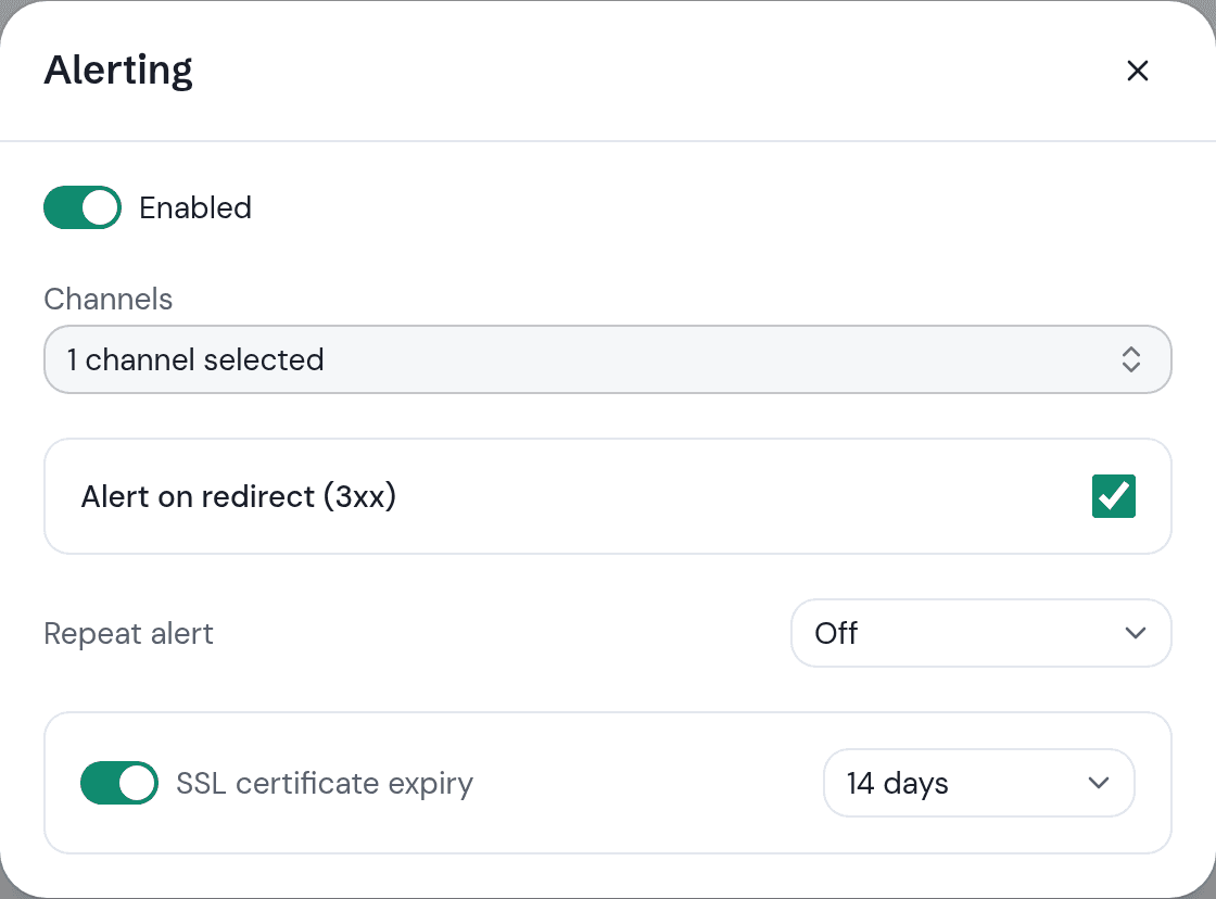 Alerting configuration dialog with notification channels, alert-on-redirect, SSL-expiry, and assertion options.